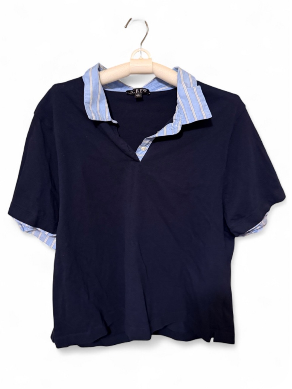 J. Crew Navy Polo with Light Blue Striped Collar